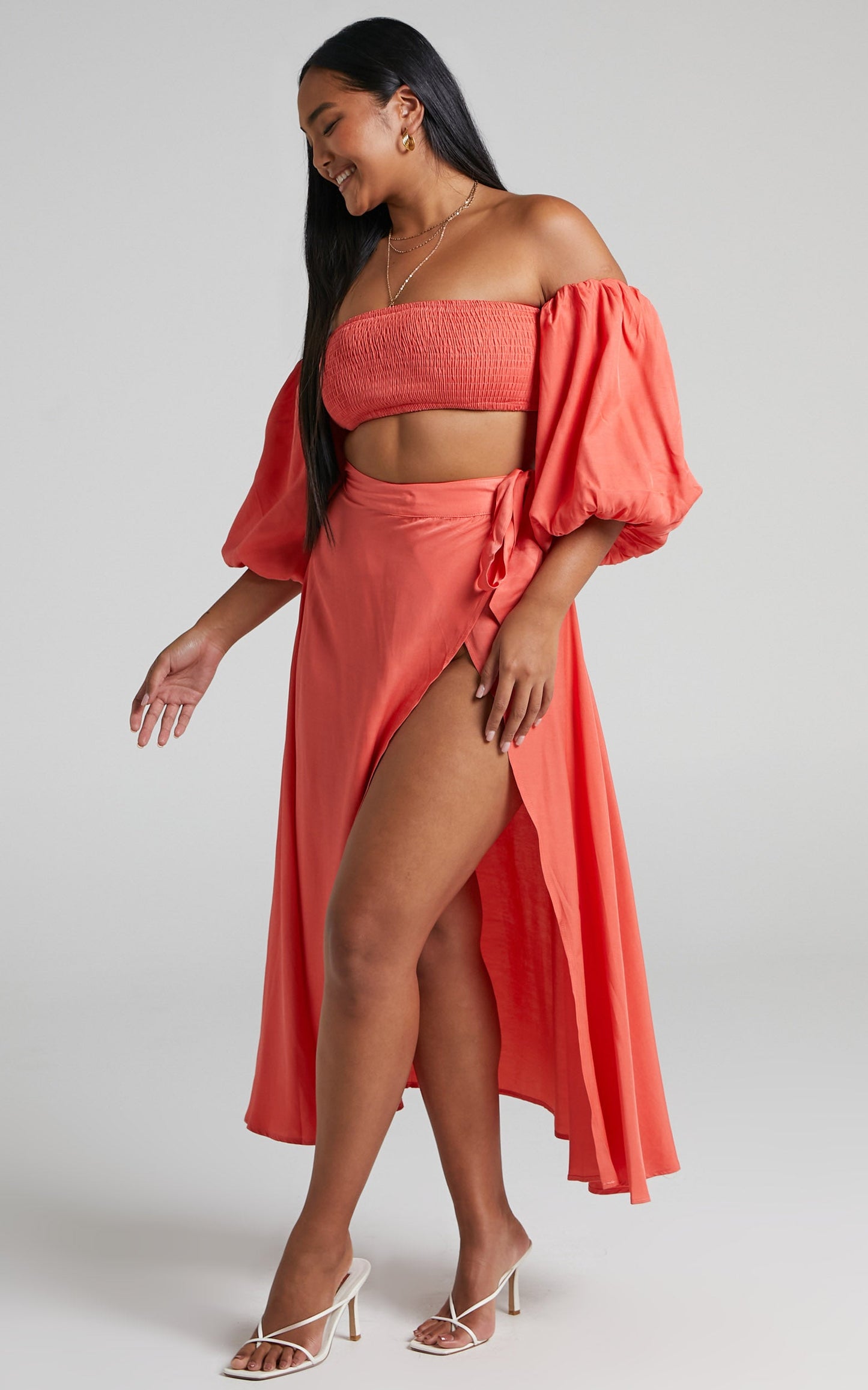 Steffie Two Piece Set - Shirred Off Shoulder Crop Top and Wrap Midi Skirt Set in Orange