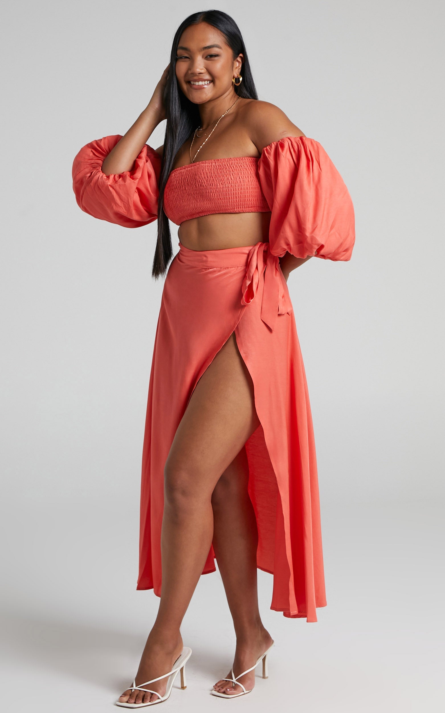 Steffie Two Piece Set - Shirred Off Shoulder Crop Top and Wrap Midi Skirt Set in Orange