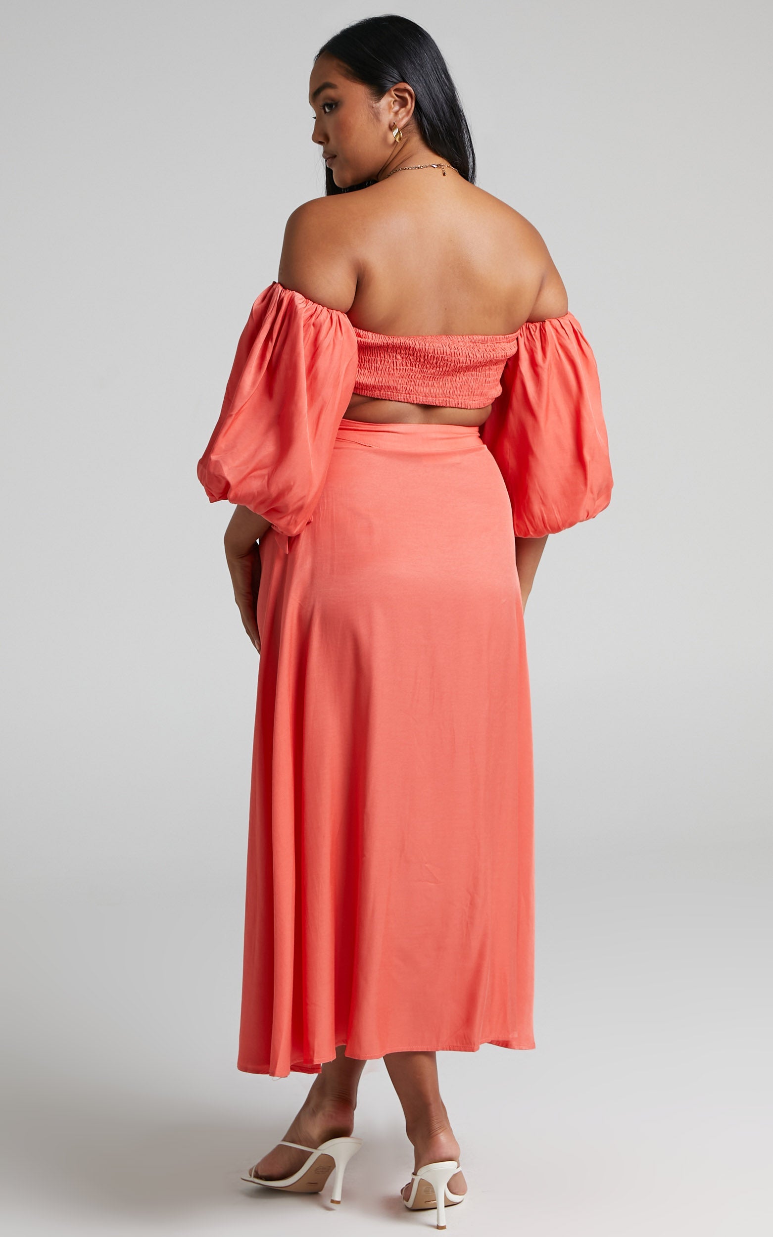 Steffie Two Piece Set - Shirred Off Shoulder Crop Top and Wrap Midi Skirt Set in Orange
