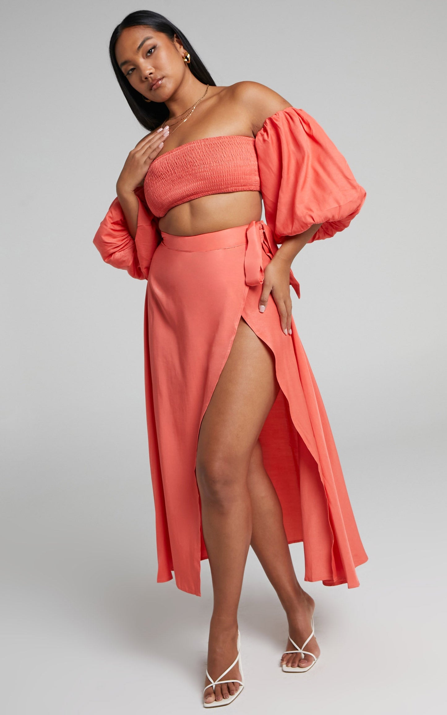 Steffie Two Piece Set - Shirred Off Shoulder Crop Top and Wrap Midi Skirt Set in Orange