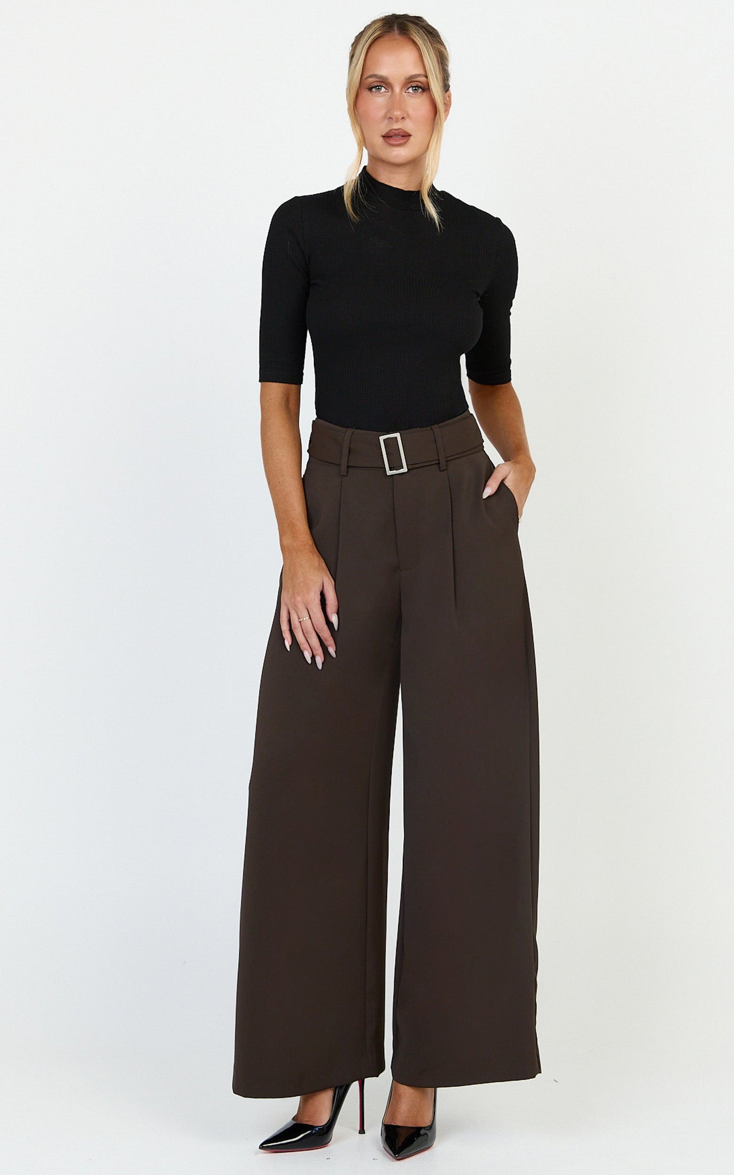 Stella Pants - High Waist Belted Wide Leg Pants in Dark Brown