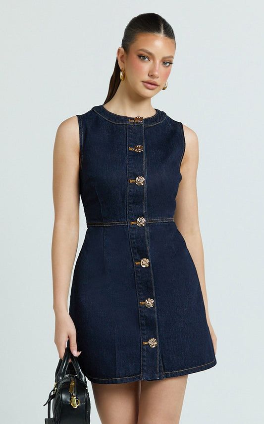 Stephanie Mini Dress Scoop Neck Recycled Denim Dress with Hardware in Raw Indigo