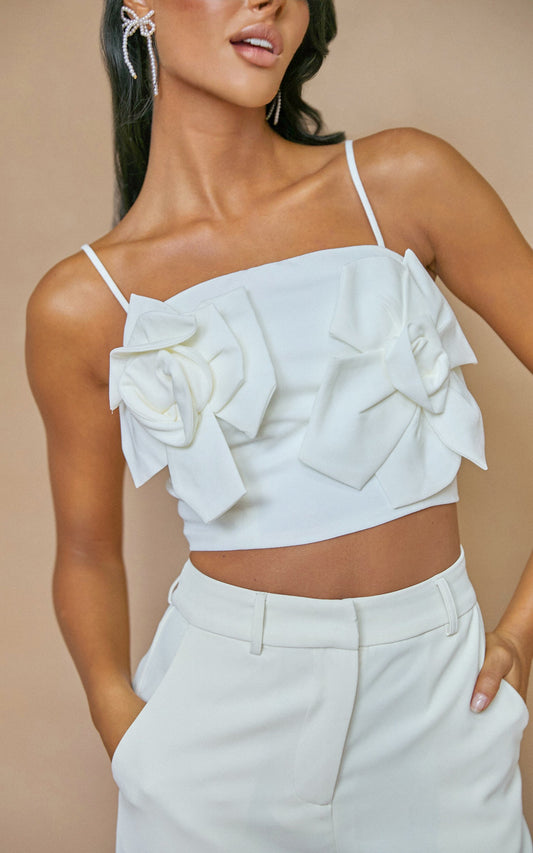 Stephany Top - Floral Applique Cami Top in White