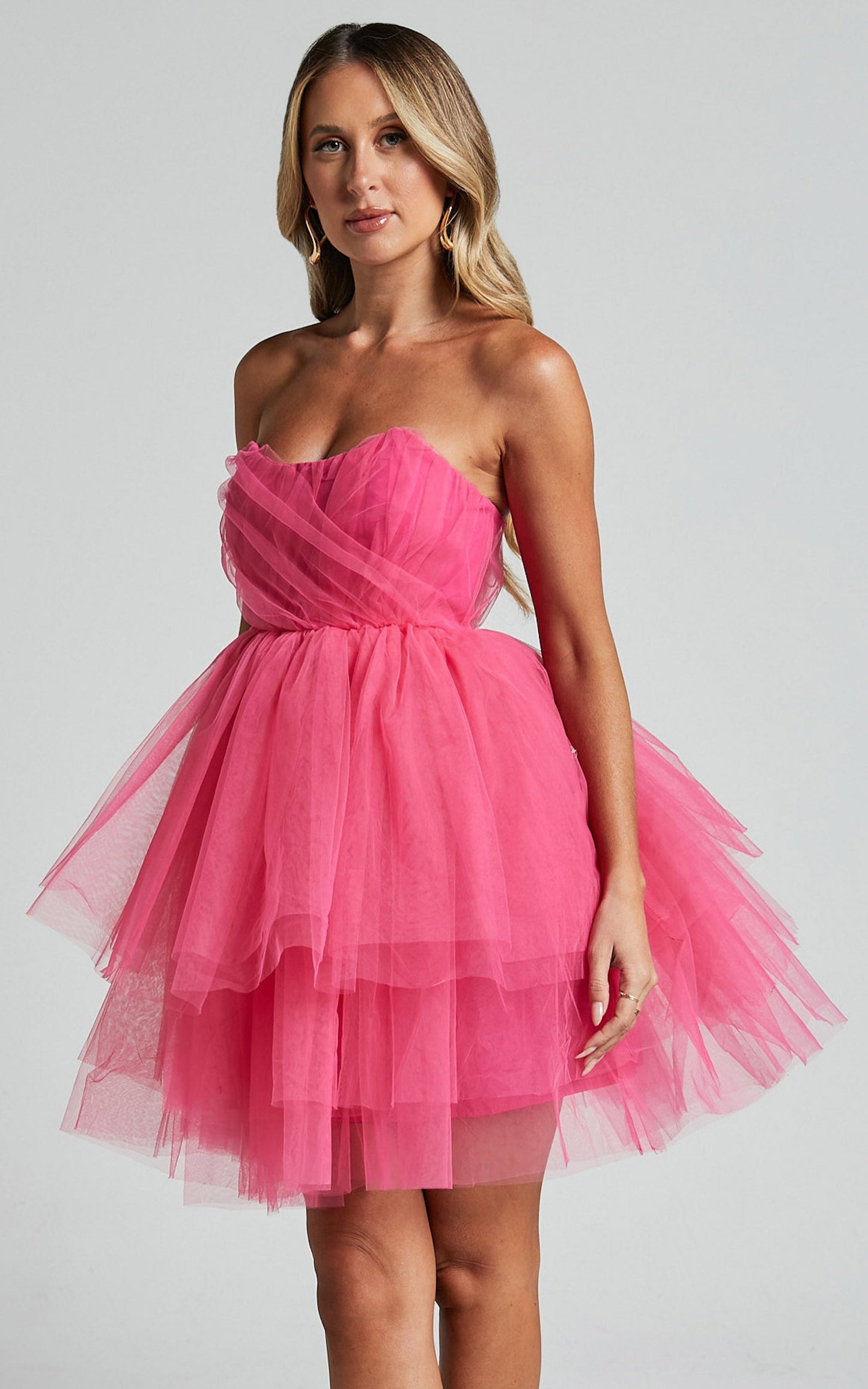 Stephy Mini Dress - Strapless Tiered Tulle in Pink