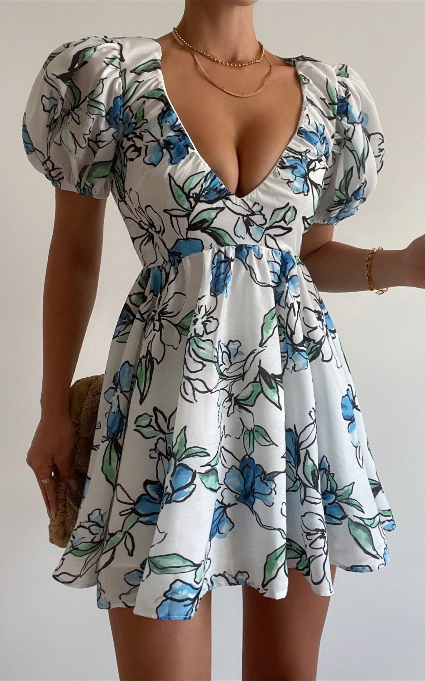Alezia Mini Dress - Deep V Neck Puff Sleeve Dress in Brush Stroke Floral