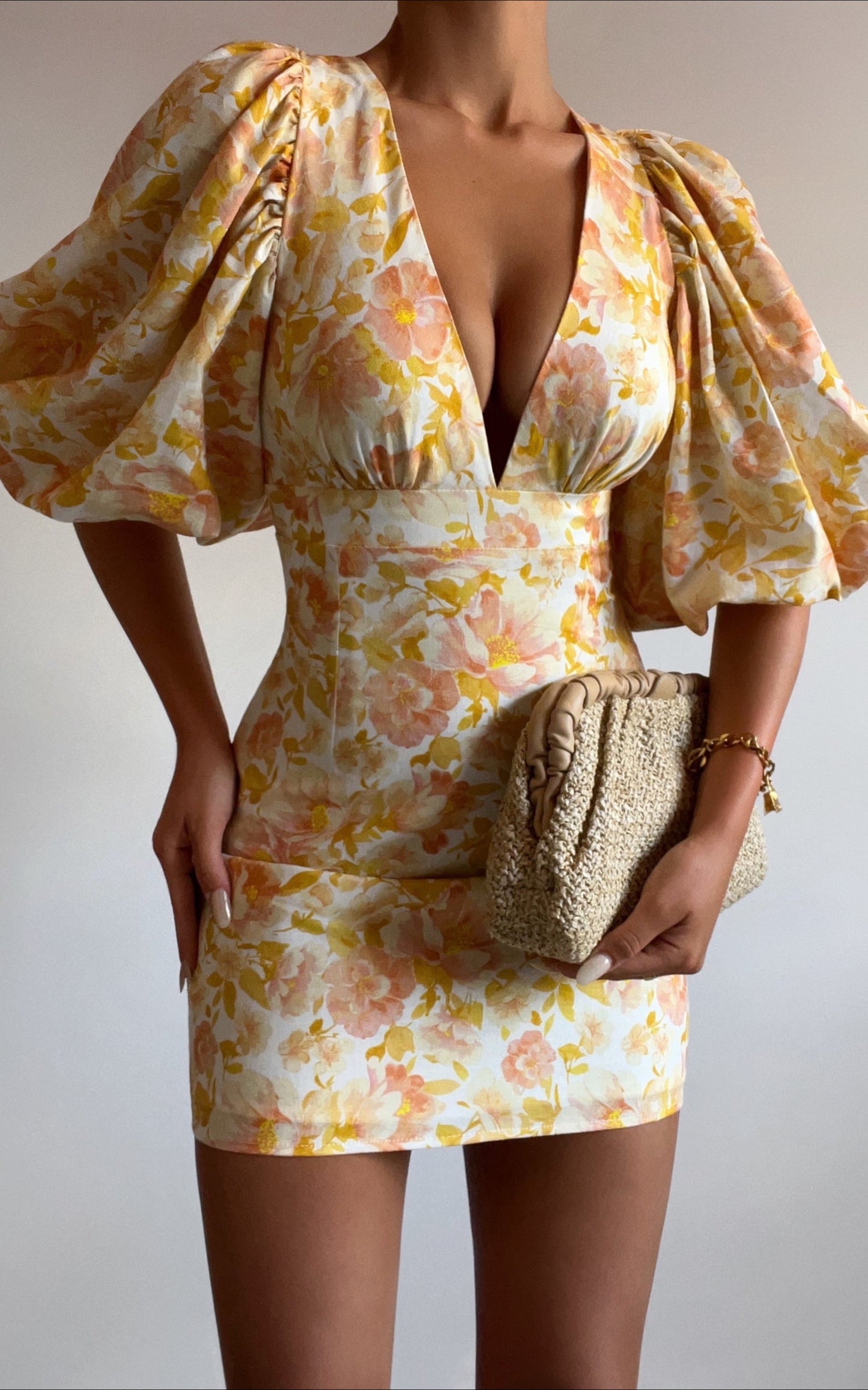 Amalie The Label - Rathia Linen Look Blend Puff Sleeve Open Back Mini Dress in Sierra Floral