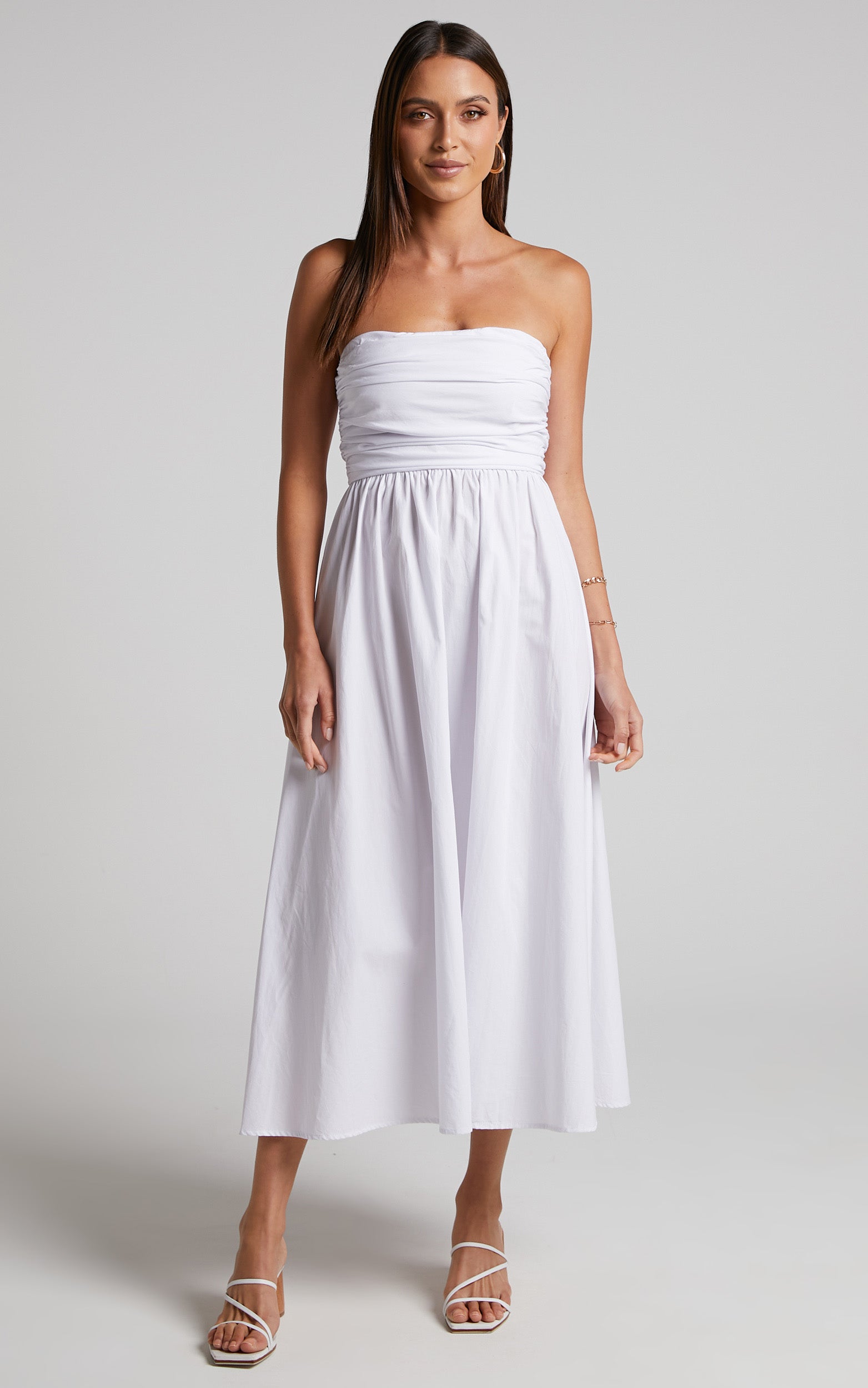 Sula Midi Dress - Ruched Bust Strapless Dress in White