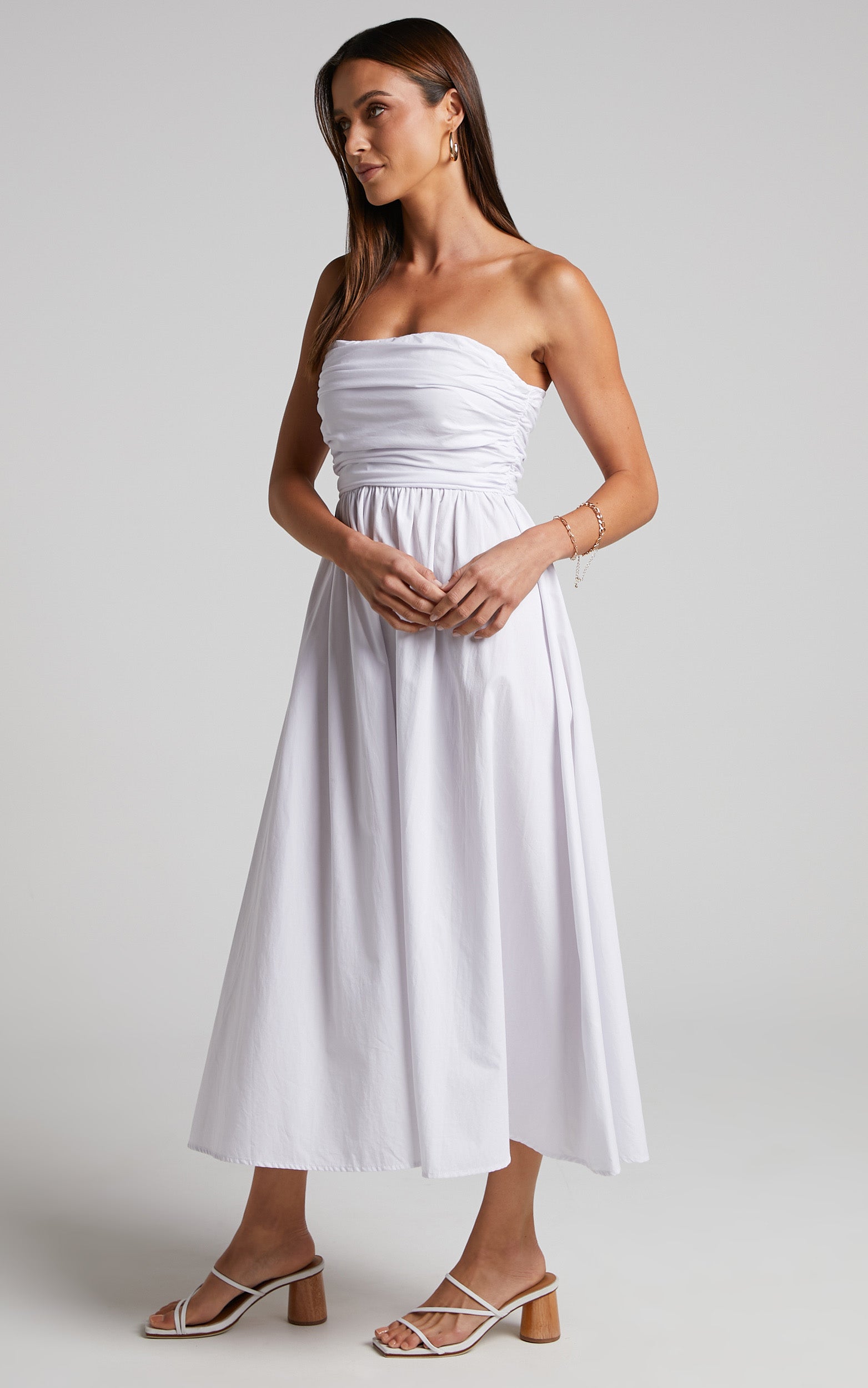 Sula Midi Dress - Ruched Bust Strapless Dress in White