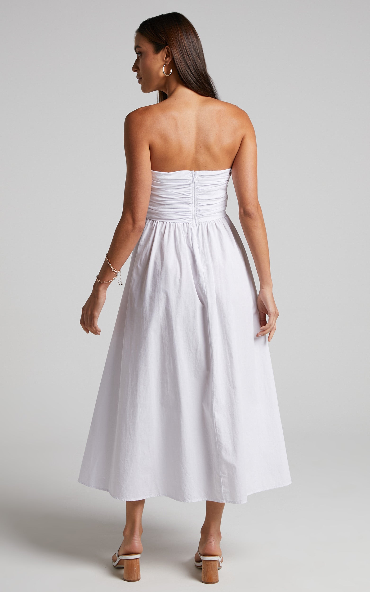 Sula Midi Dress - Ruched Bust Strapless Dress in White