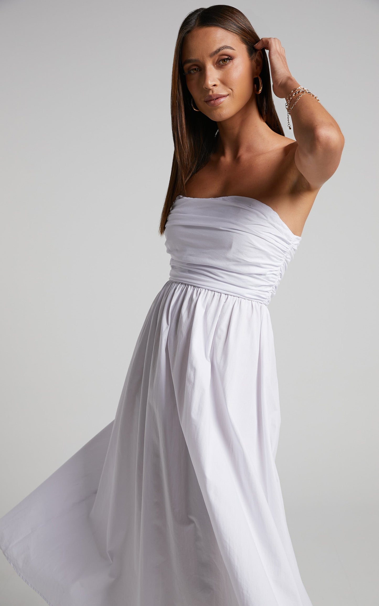 Sula Midi Dress - Ruched Bust Strapless Dress in White
