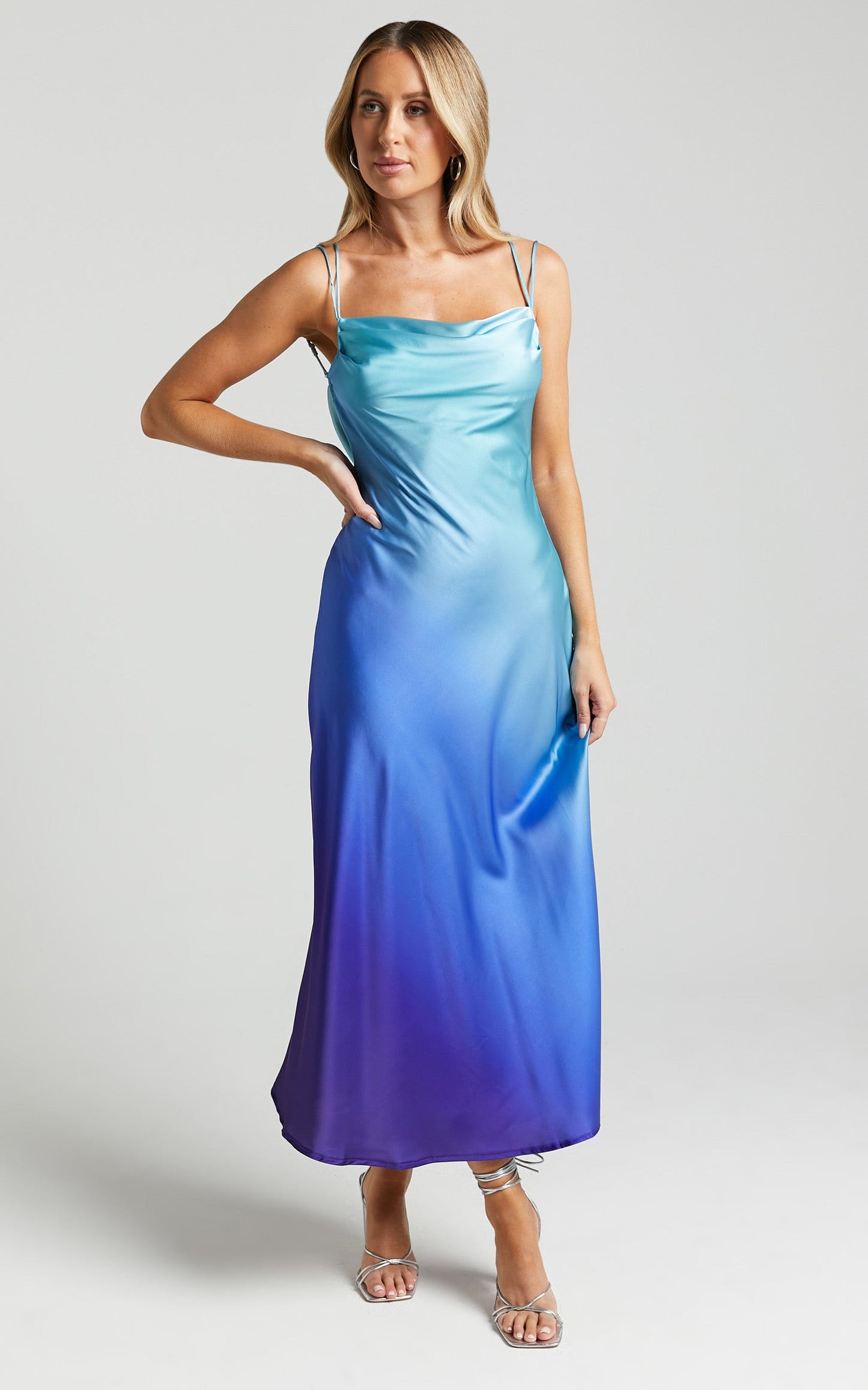 Sumara Midi Dress - Cowl Neck Satin Dress in Blue Ombre