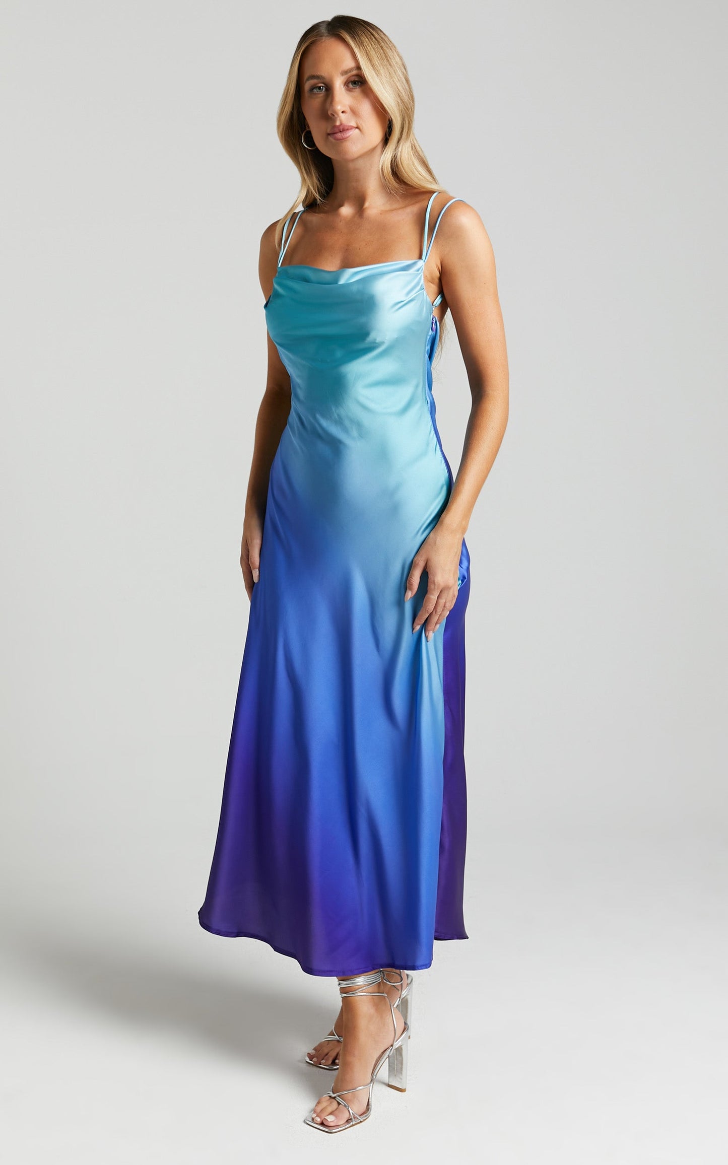 Sumara Midi Dress - Cowl Neck Satin Dress in Blue Ombre