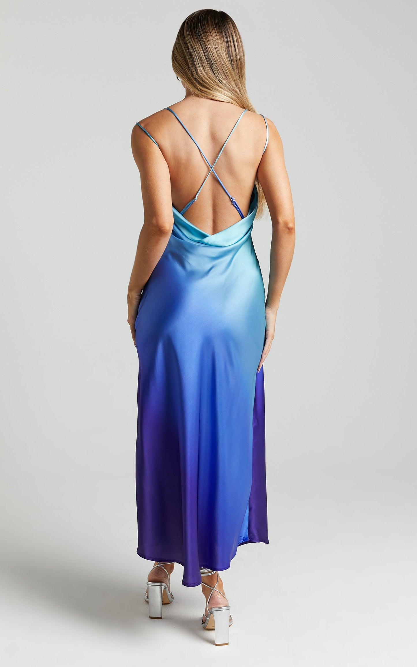 Sumara Midi Dress - Cowl Neck Satin Dress in Blue Ombre