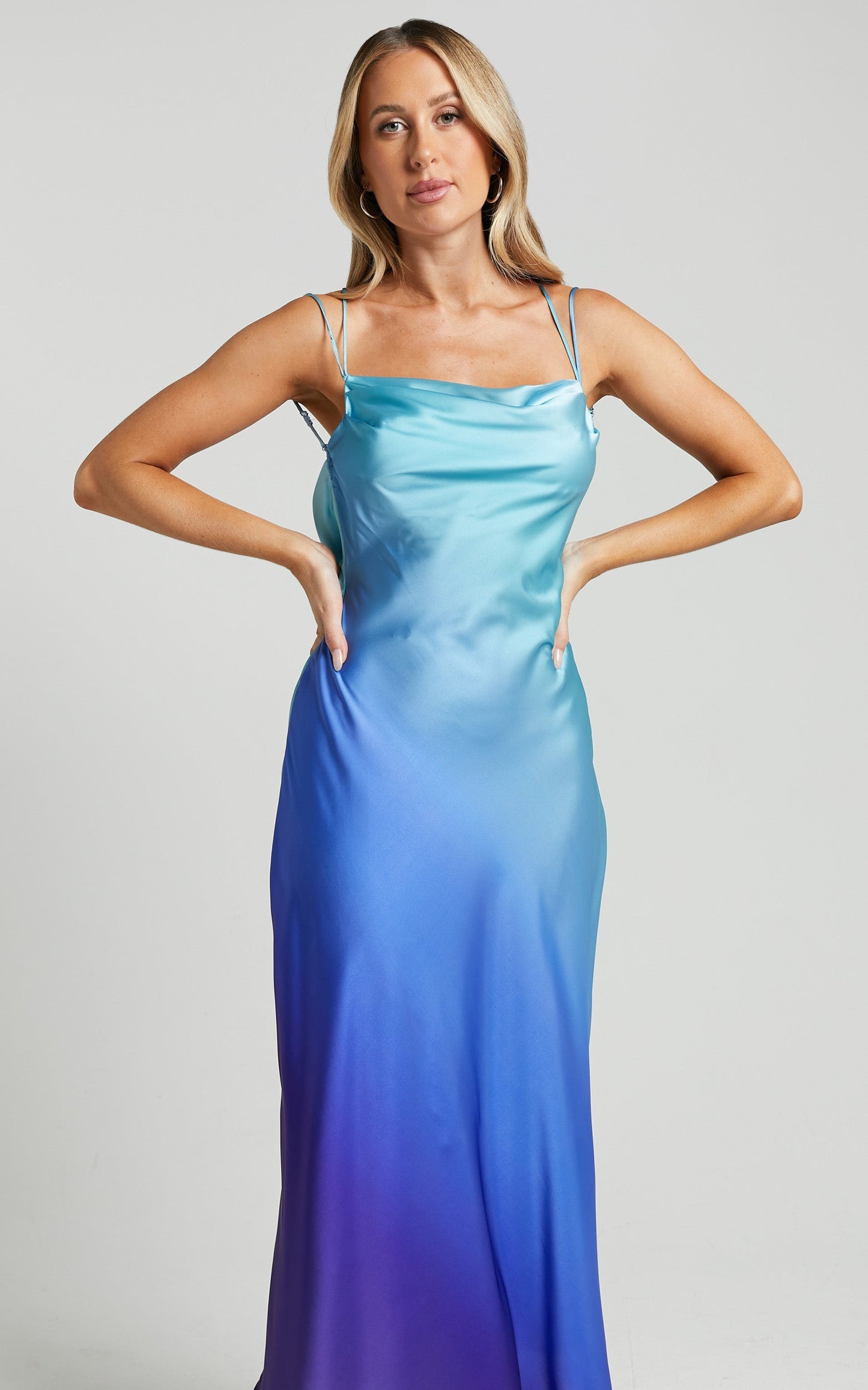 Sumara Midi Dress - Cowl Neck Satin Dress in Blue Ombre