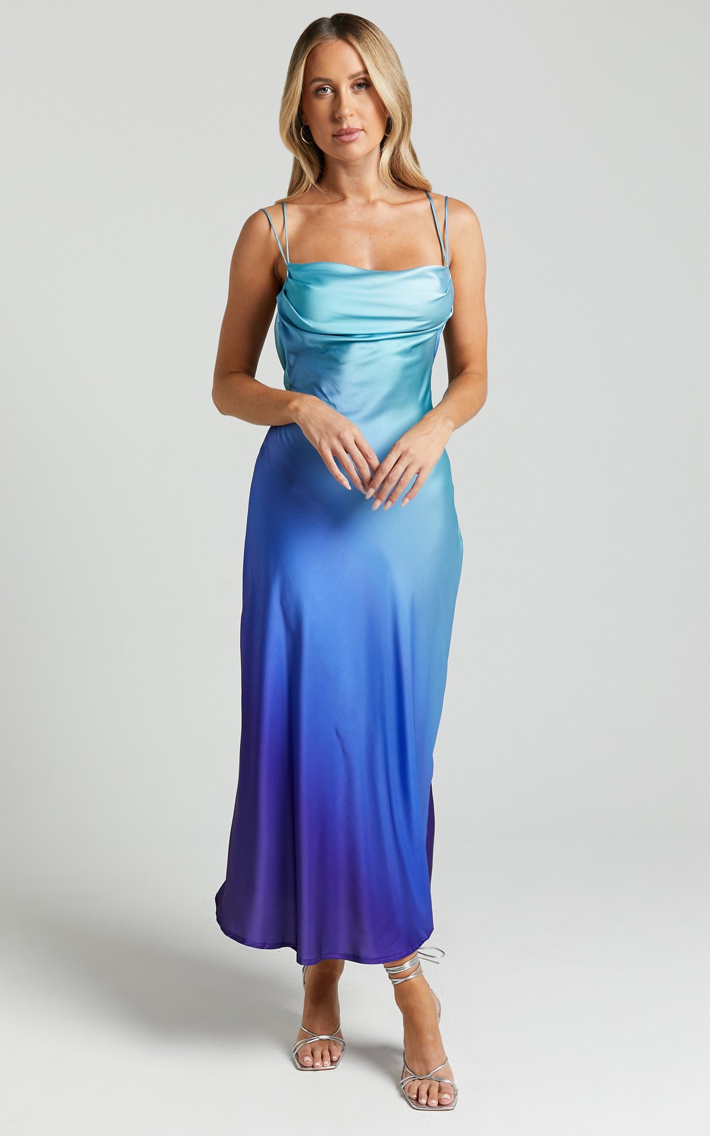 Sumara Midi Dress - Cowl Neck Satin Dress in Blue Ombre