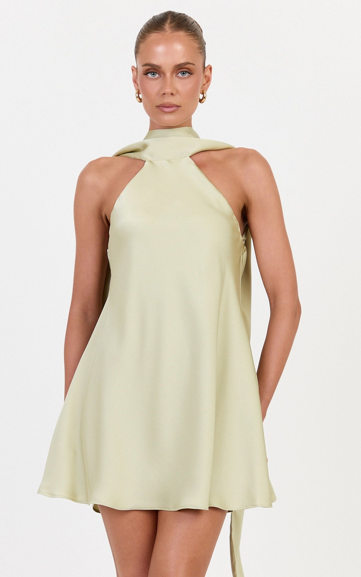 Summer Mini Dress - Low Back Draped Scarf Dress in Green