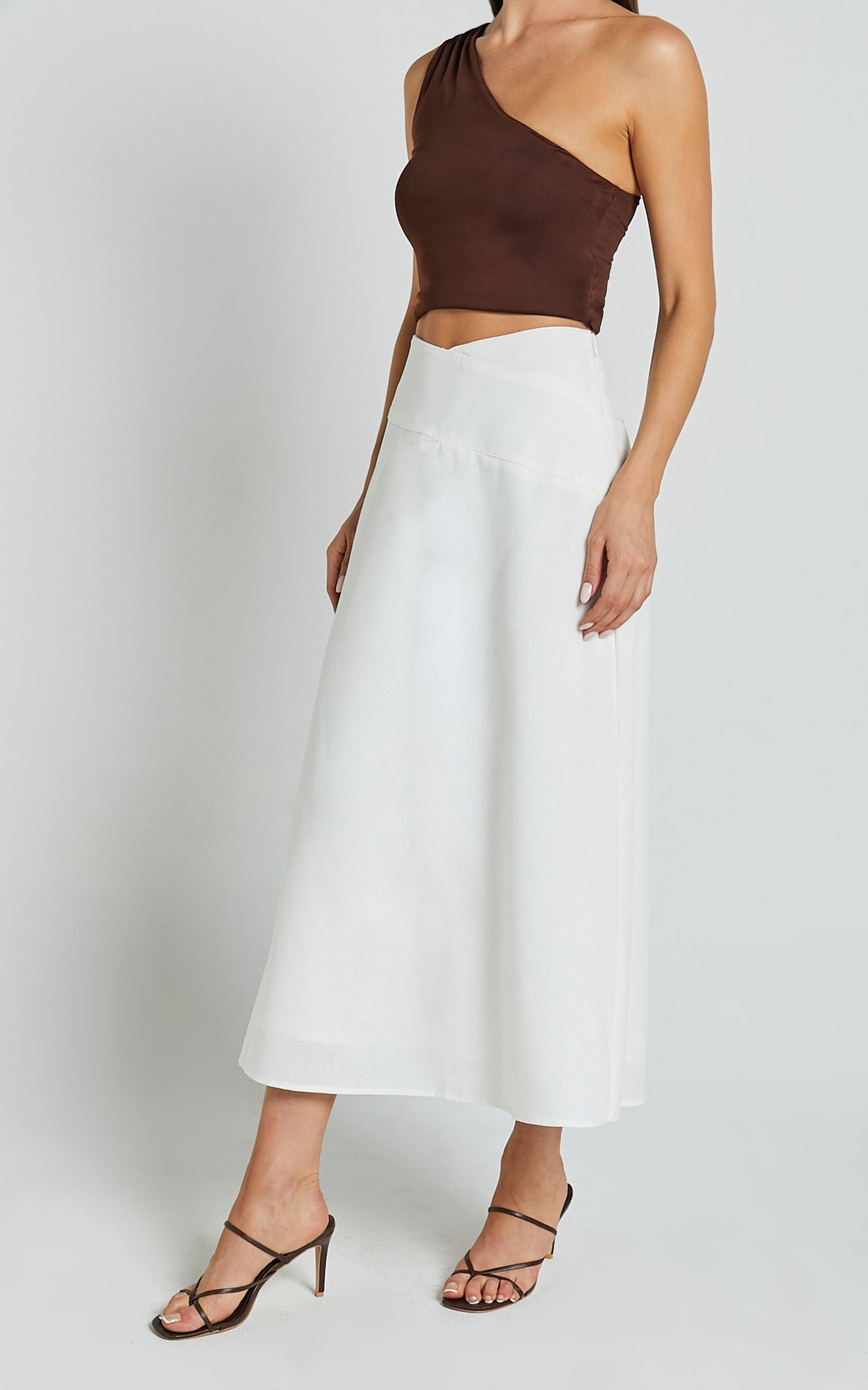 Sundry Midi Skirt - Linen High Waisted Cross Front Detail Skirt in Off White