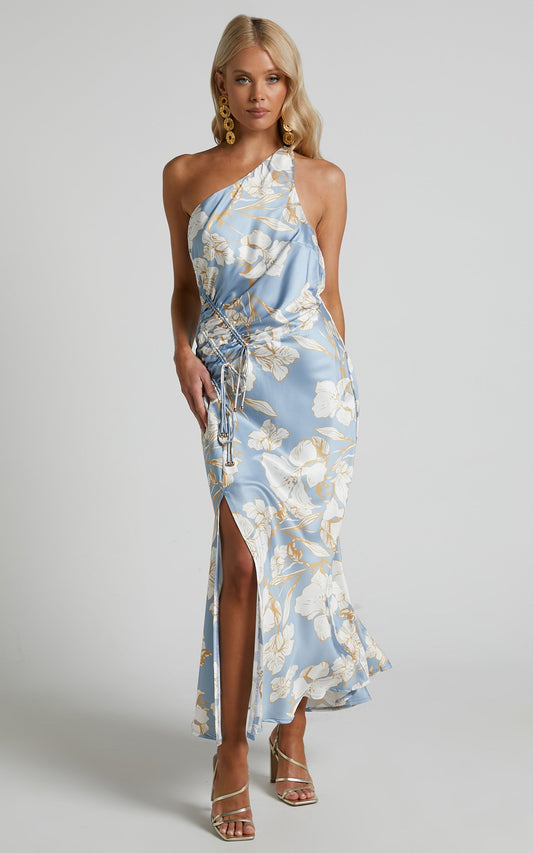 Surene Midi Dress - One Shoulder Side Ruched Split Satin Dress in Blue Floral