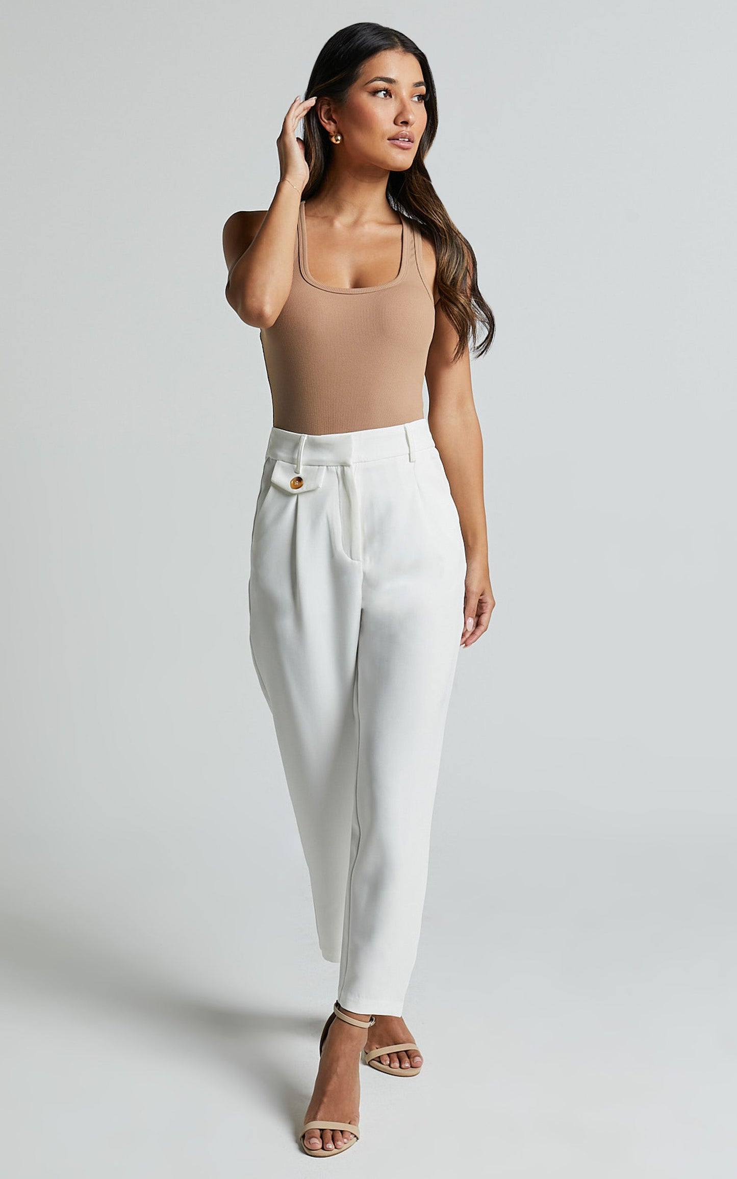 Suri Cropped Pant - High Waisted Tapered Tailored Pant With Pocket Detail in White