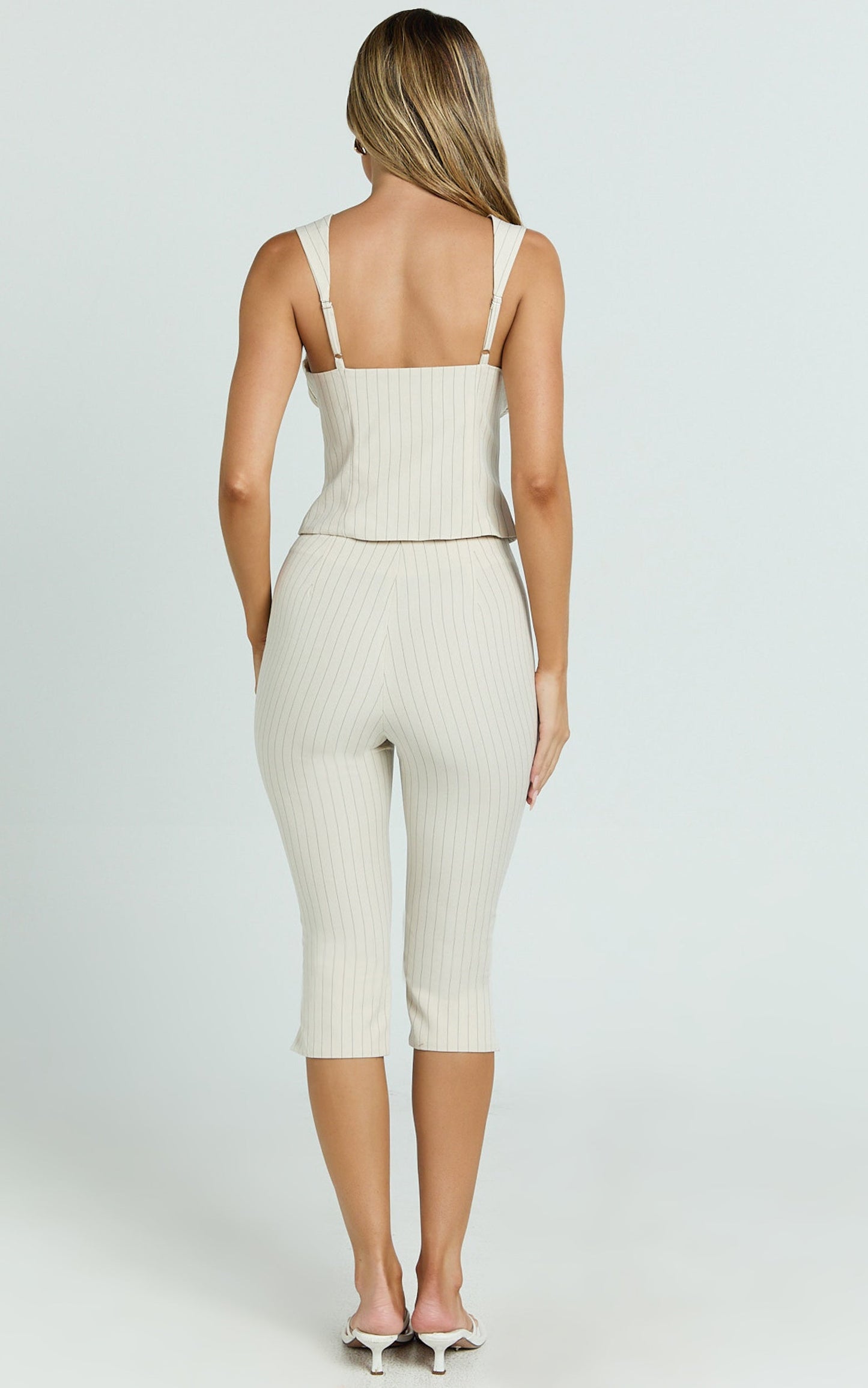 Susannah Pants - Pinstripe Fitted Split Leg Capri Pants in Cream