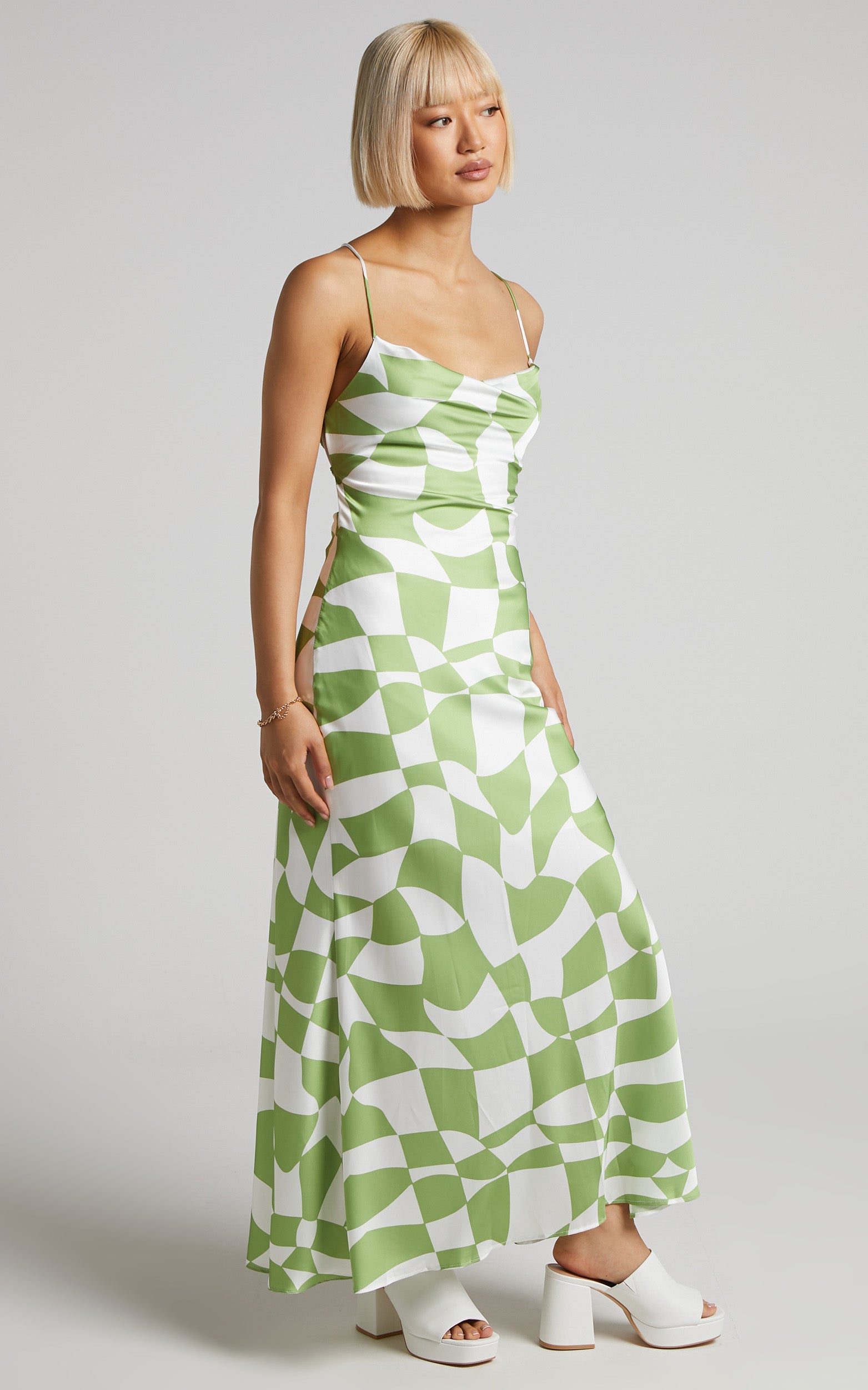 Sydney Maxi Dress - Cowl Neck Warped Check Satin Slip Dress in Abstract Citrus Swirl
