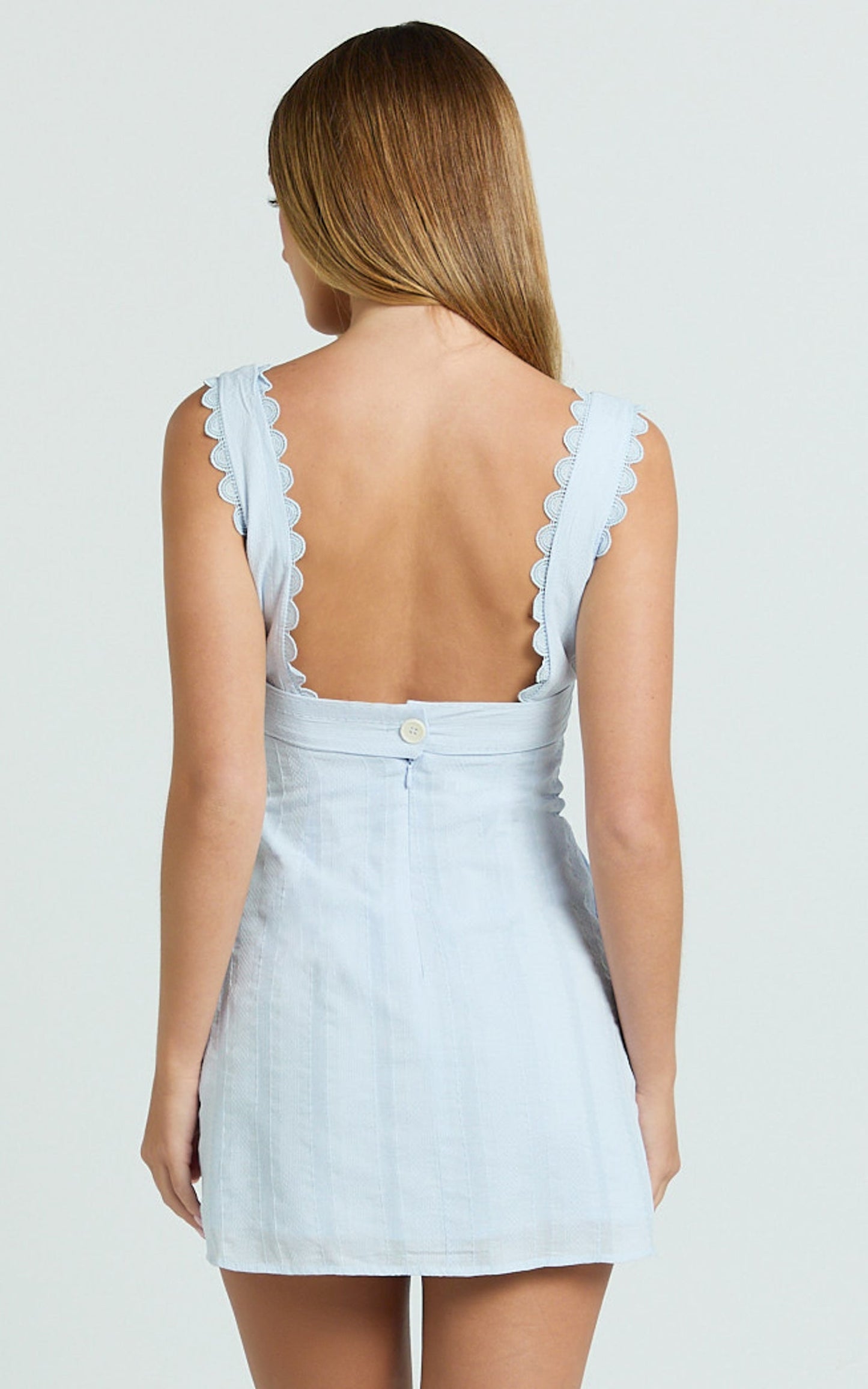 Sylvia Mini Dress - Square Neck Lace Trim A Line Mini Dress in Blue