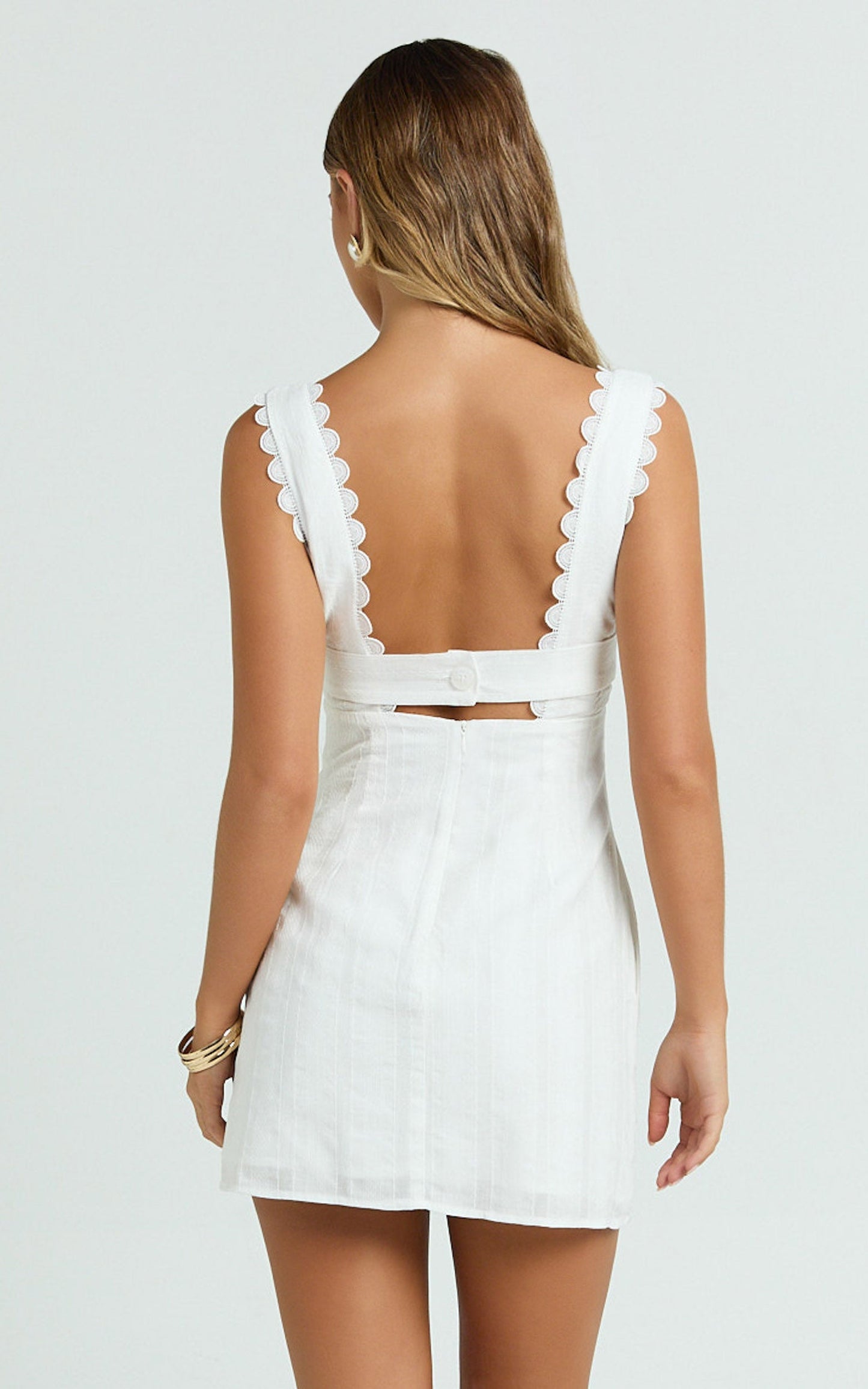 Sylvia Mini Dress - Square Neck Lace Trim A Line Mini Dress in White