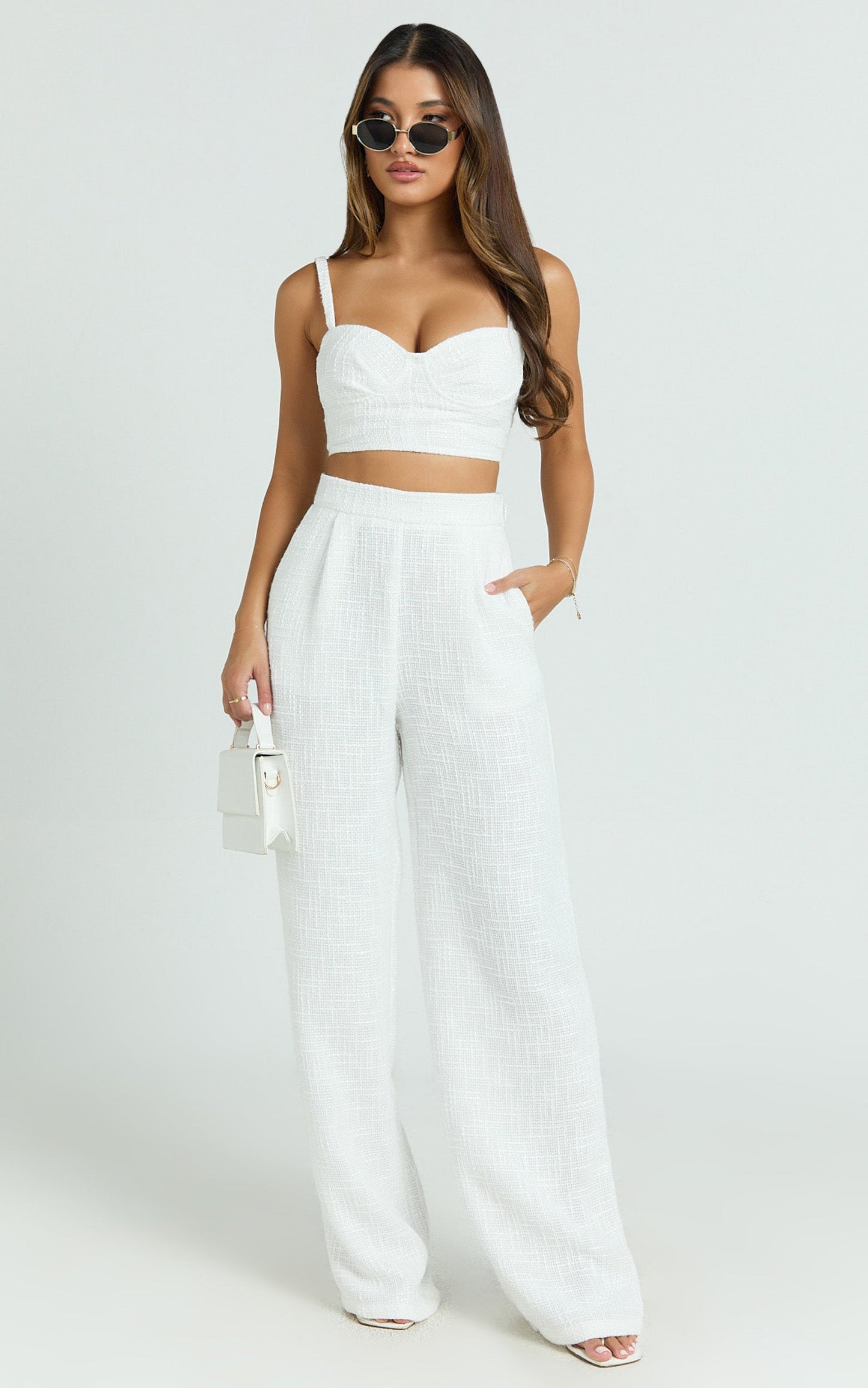 Sylvia Two Piece Set - Corset Top and High Waisted Wide Leg Pants Set in White