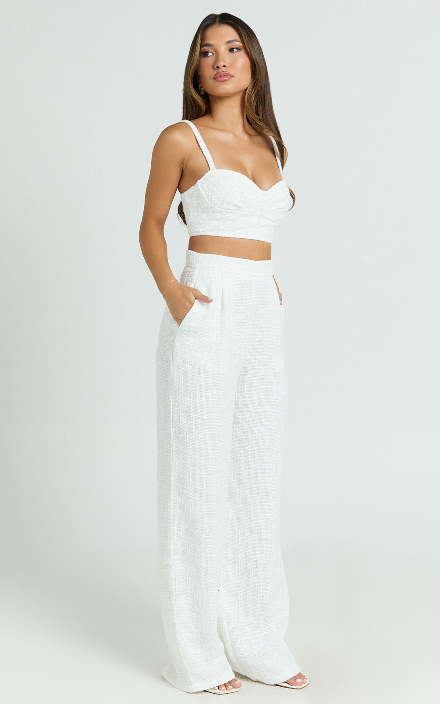 Sylvia Two Piece Set - Corset Top and High Waisted Wide Leg Pants Set in White
