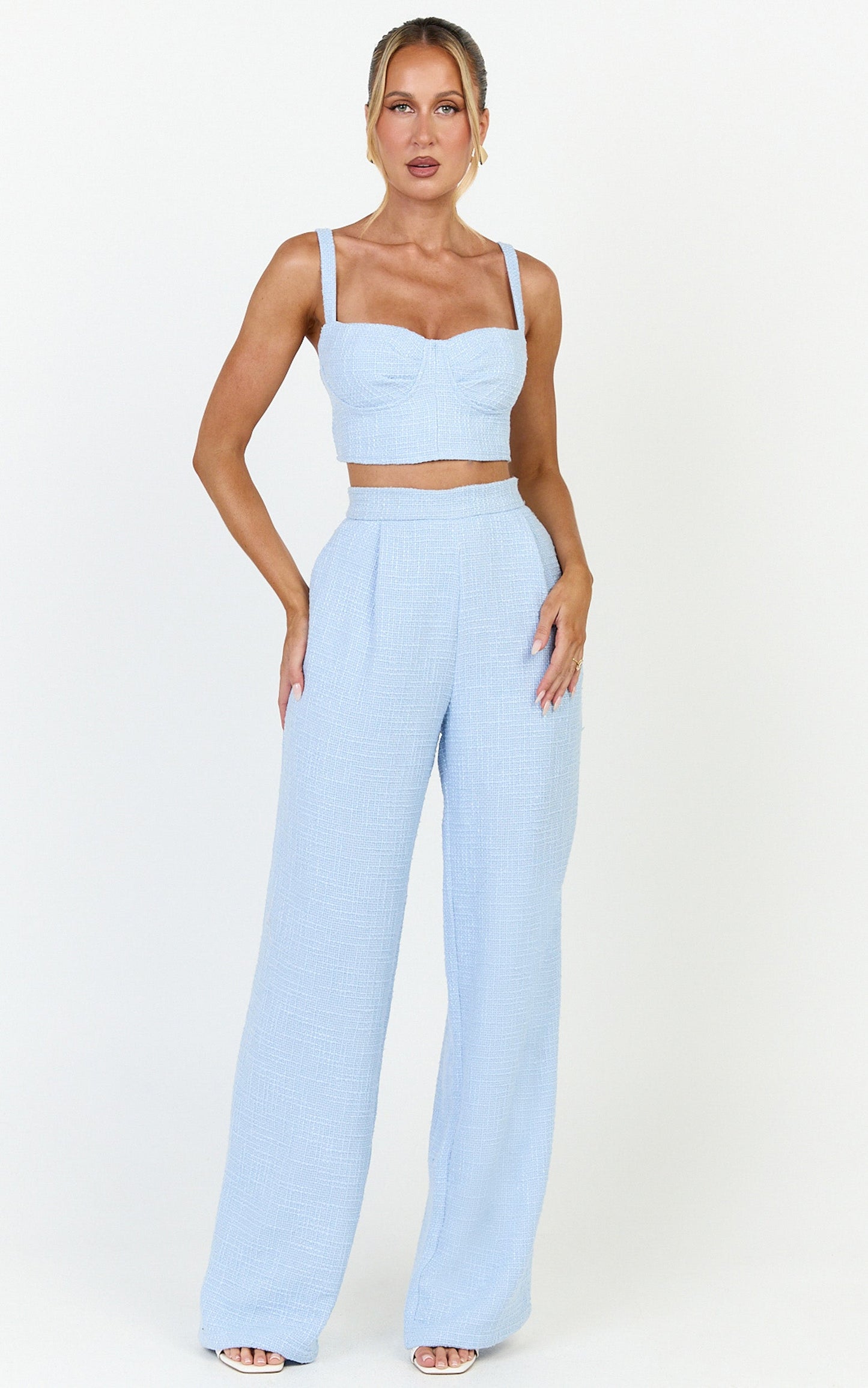 Sylvia Two Piece Set - Corset Top and High Waisted Wide Leg Pants Set in Blue