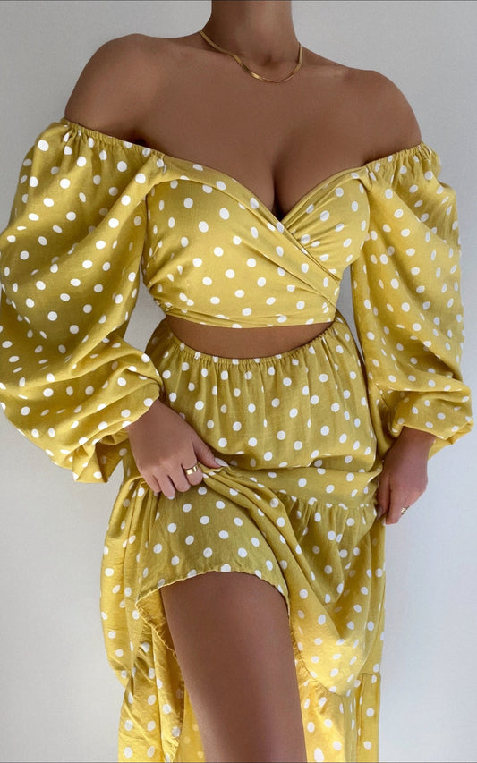 Tansy Midi Linen Blend Dress - Balloon Sleeve Tiered Dress in Yellow