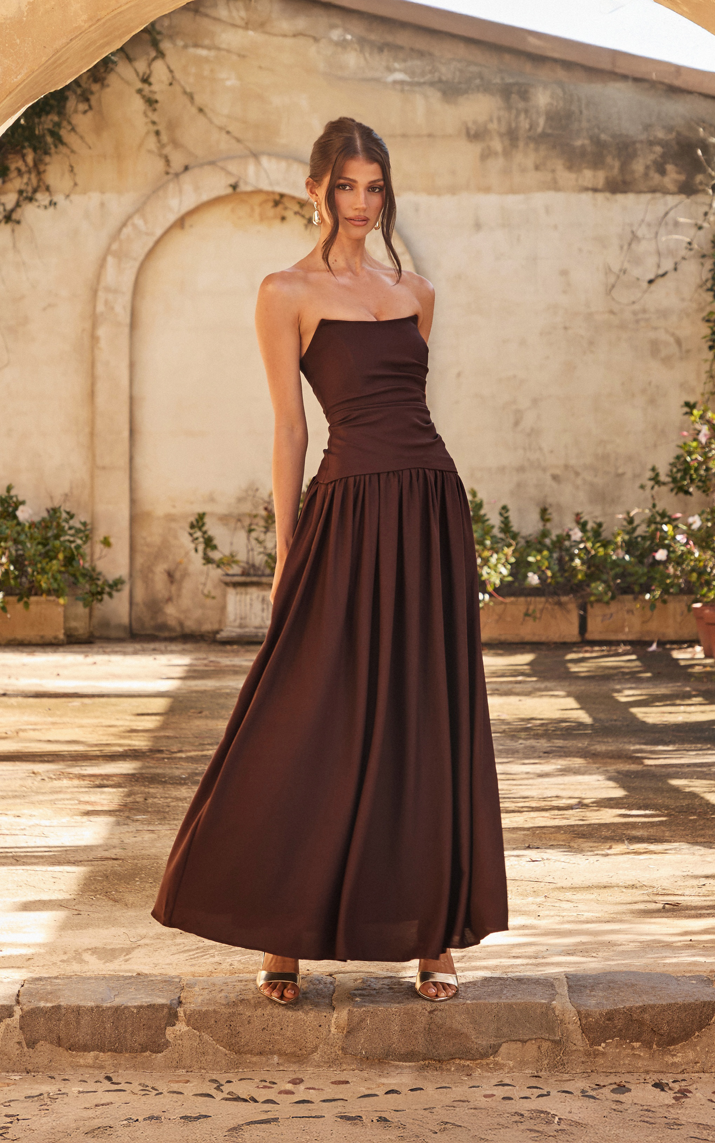 Marlowe Maxi Dress - Strapless Gathered Bodice Fit And Flare Dress in Chocolate