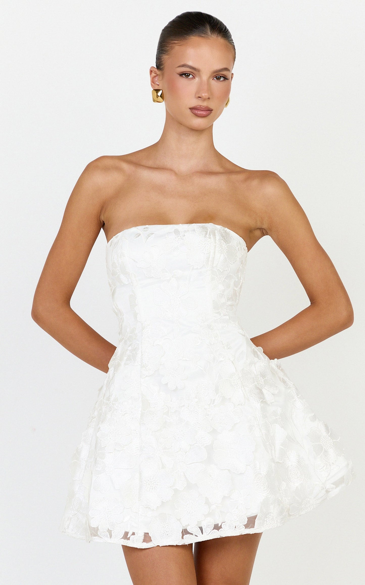 Cosima Mini Dress - Strapless 3D Floral Fit And Flare Dress in White