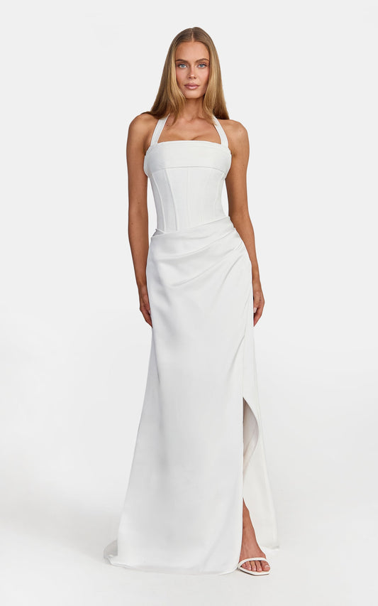 Amber Maxi Dress - Corset Bodice Draped Skirt Halter Dress in White