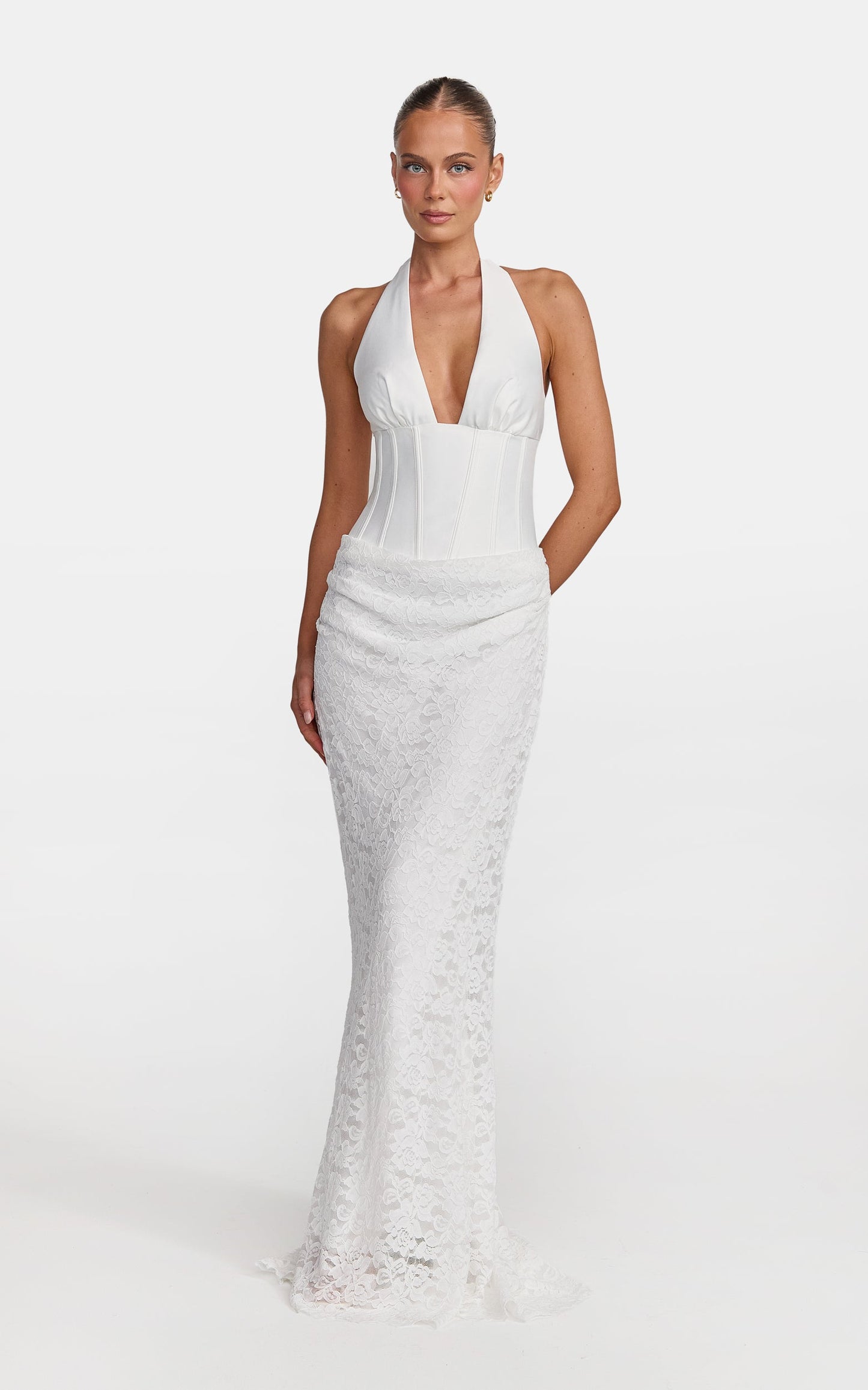 Tilly Maxi Dress - Lace Plunge Neckline Halter Dress in White