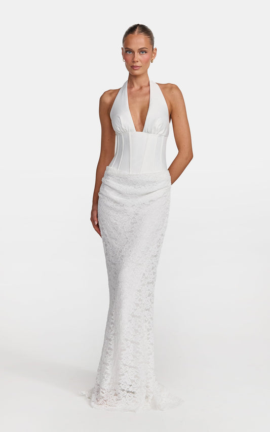 Tilly Maxi Dress - Lace Plunge Neckline Halter Dress in White