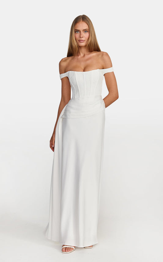 Darcie Maxi Dress - Off Shoulder Corset Draped Skirt Dress in Ivory