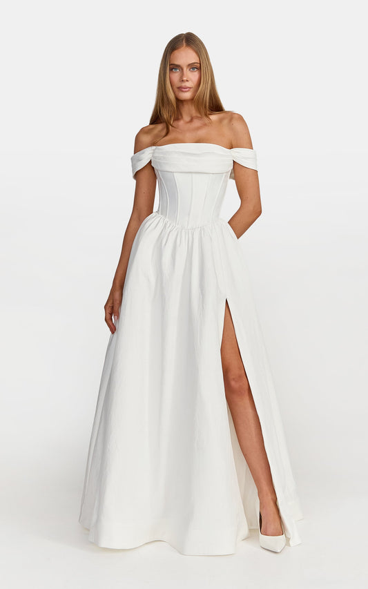 Eden Maxi Dress - Off Shoulder Draped Bust Corset Dress in White