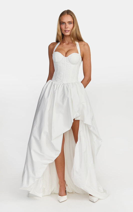 Aurella Maxi Dress - Lace Corset Bodice Asymmetric Bubble Hem Dress in White