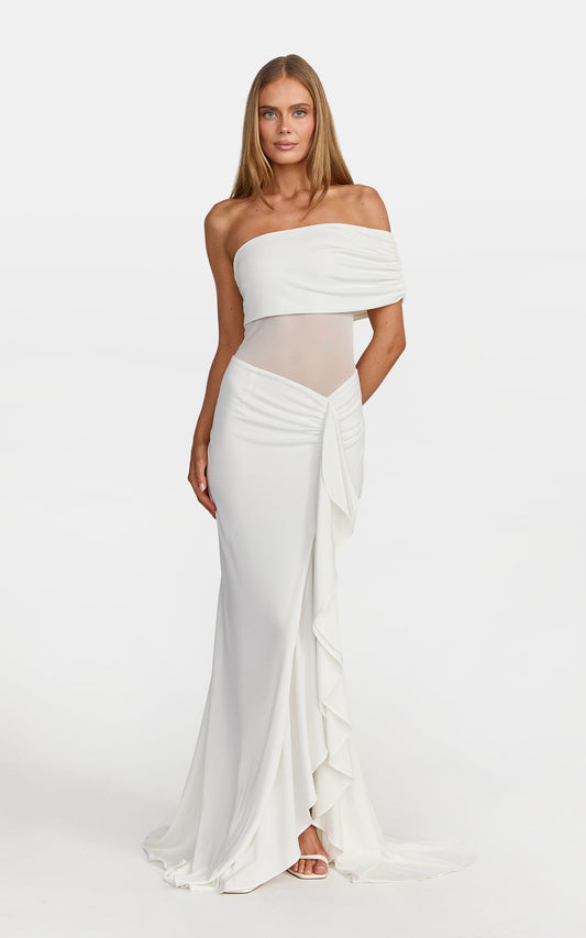 Hallie Maxi Dress - One Shoulder Flounce Dress With Leg Split And Sheer Panel in White
