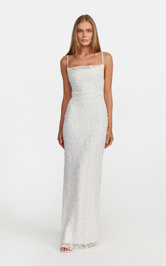 Nina Maxi Dress - Backless Sequin Embellished Beaded Dress in White