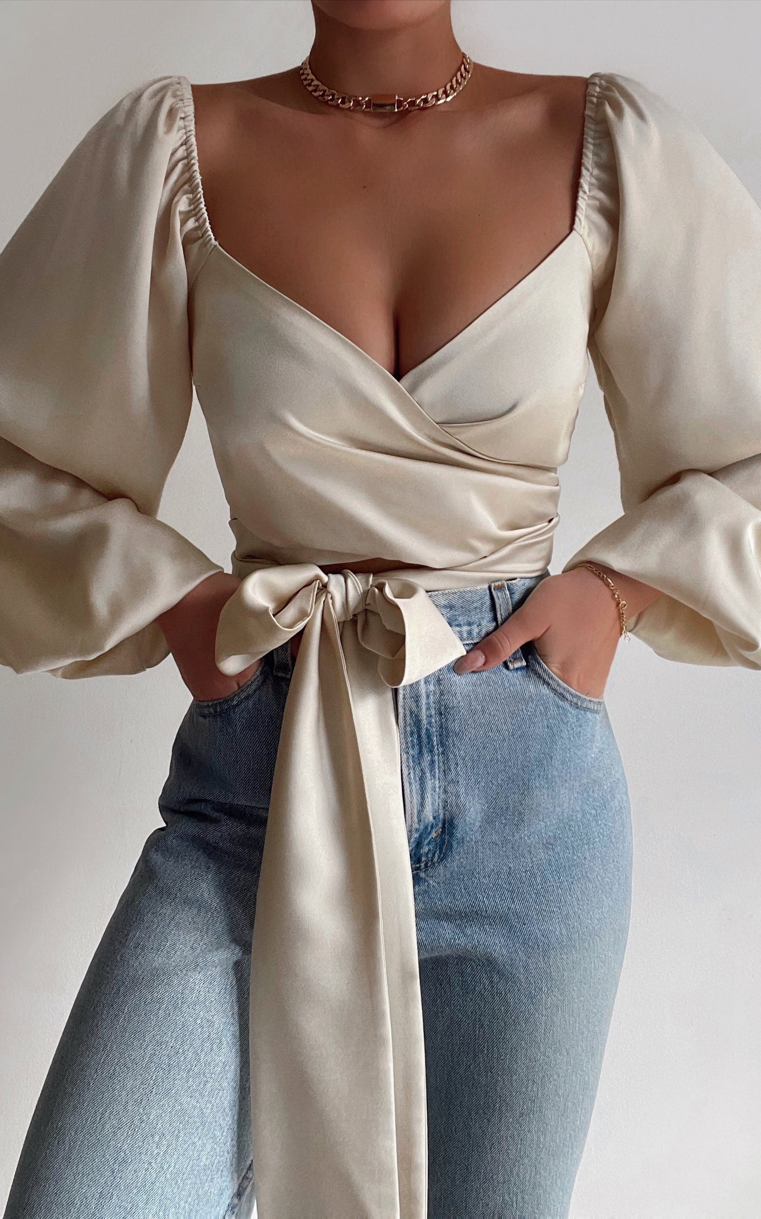 Toree Top - Long Sleeve Wrap Top in Cream