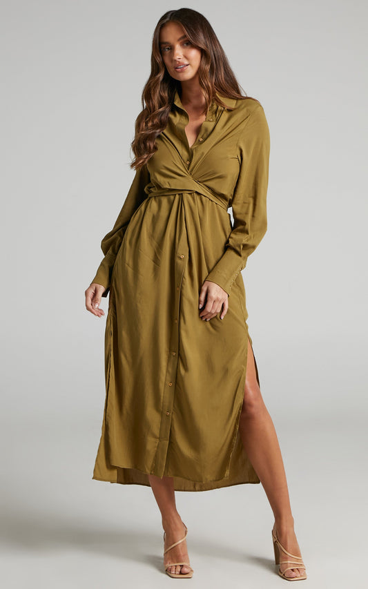 Trinidad Midi Dress - Twist Front Button Through Dress in Khaki