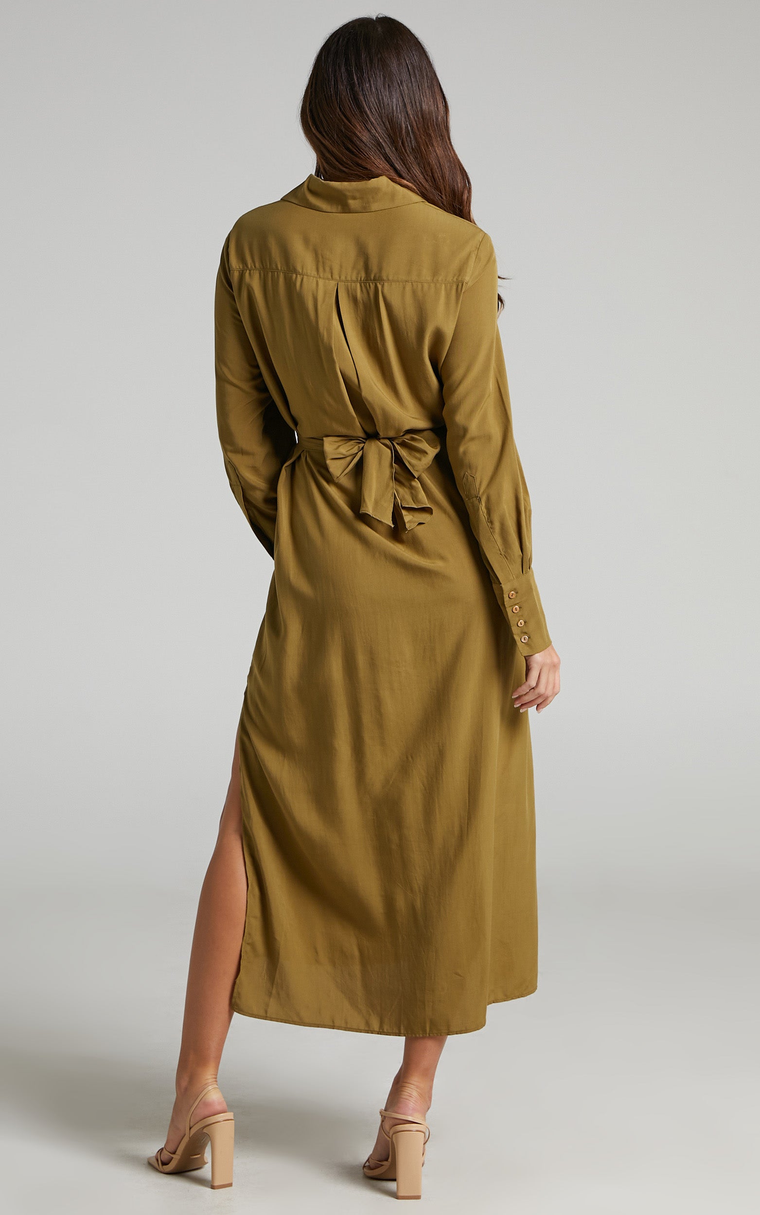 Trinidad Midi Dress - Twist Front Button Through Dress in Khaki