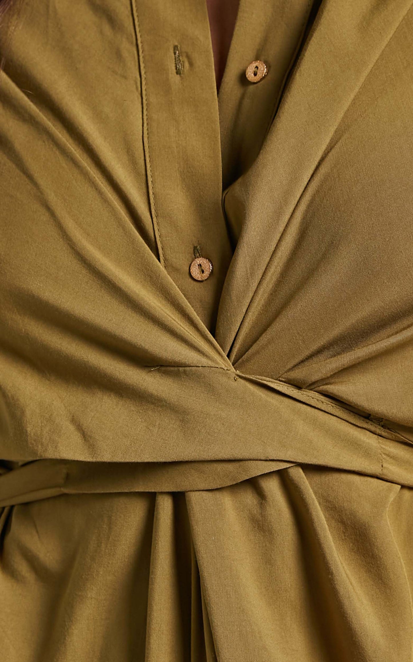 Trinidad Midi Dress - Twist Front Button Through Dress in Khaki