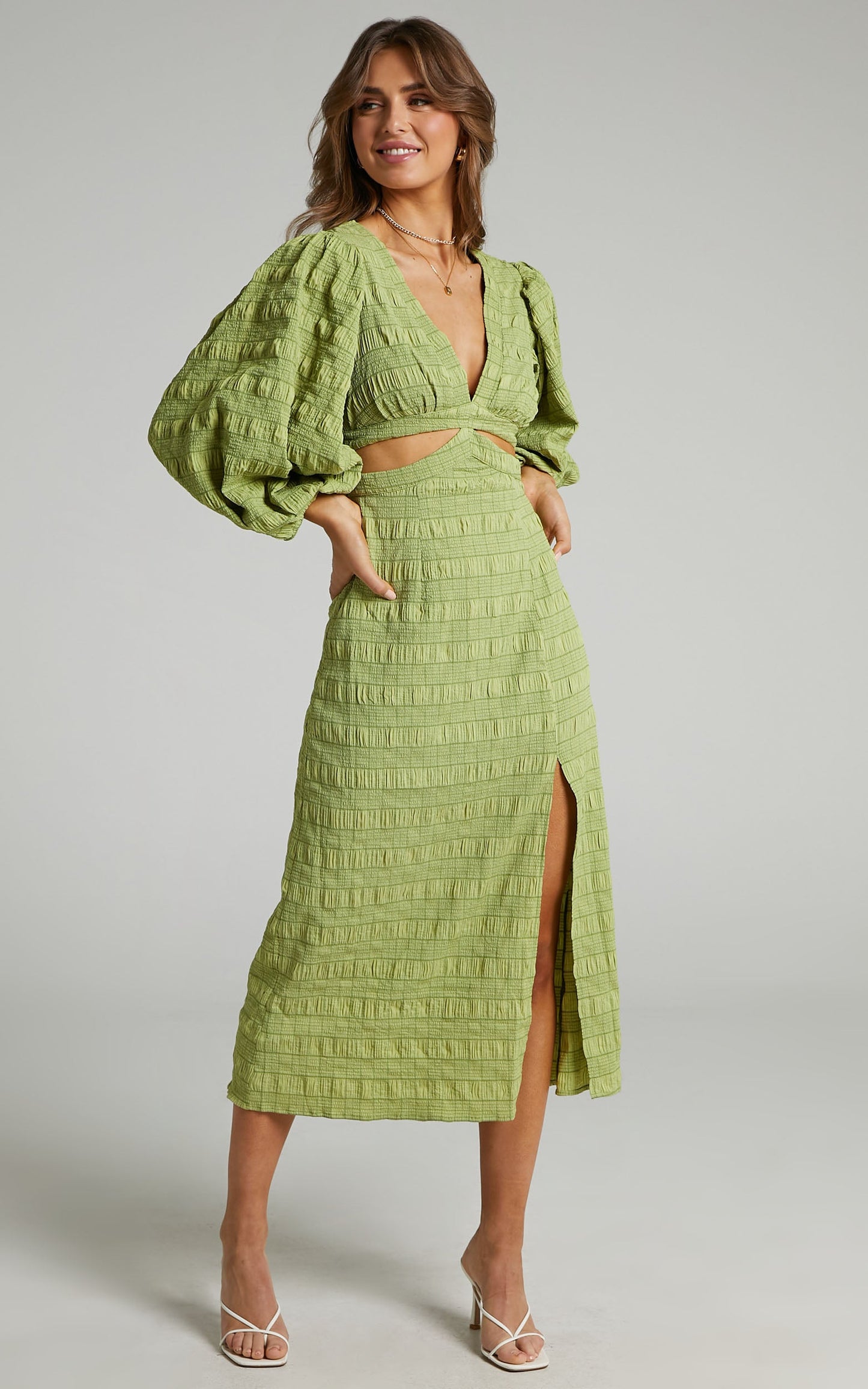 Tabatha Midi Dress - Puff Sleeve Cut Out Dress in Green Check