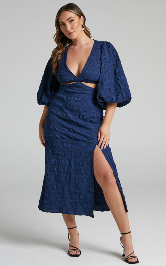 Tabatha Midi Dress - Puff Sleeve Cut Out Dress in Navy