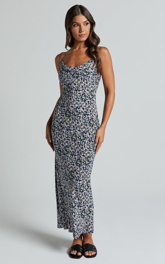 Tahlia Midi Dress - Cowl Neck Tie Back Dress in Black Floral