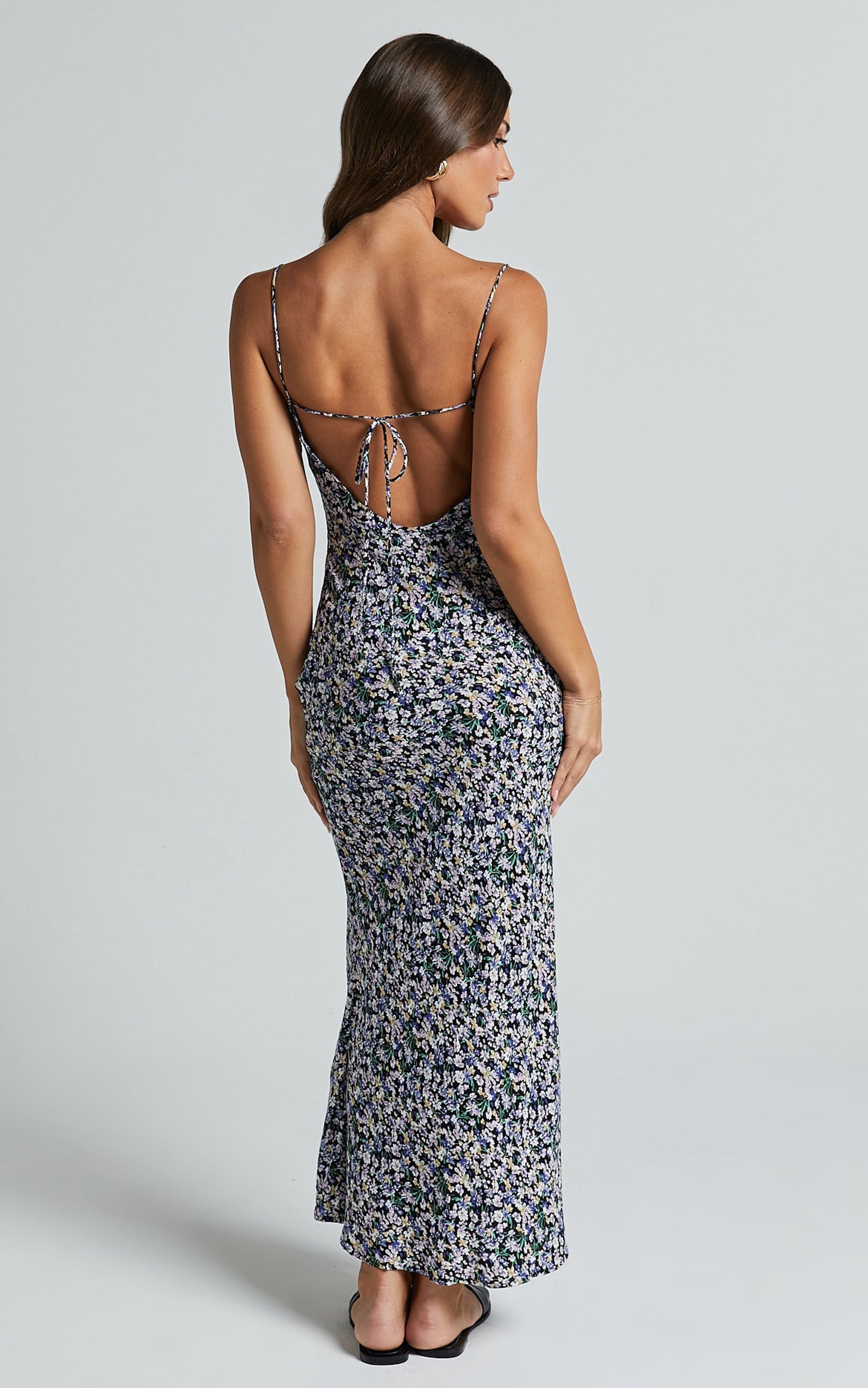 Tahlia Midi Dress - Cowl Neck Tie Back Dress in Black Floral