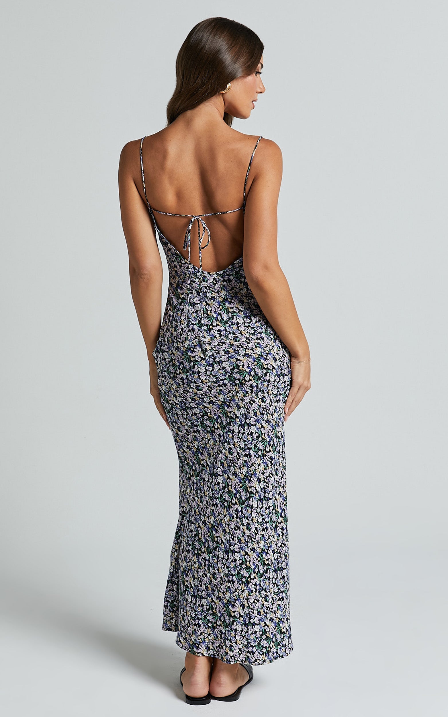 Tahlia Midi Dress - Cowl Neck Tie Back Dress in Black Floral